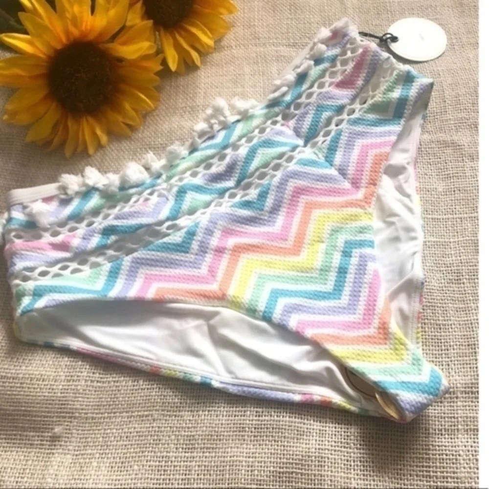 Tularosa Elias Tassel Bikini Bottom in Rainbow Chevron Moderate Coverage Size L